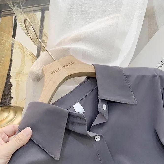 

S-3XL женская однотонная рубашка Morandi большого размера с длинными рукавами, женская весенне-осенняя свободная повседневная рубашка, универсальные топы S серый