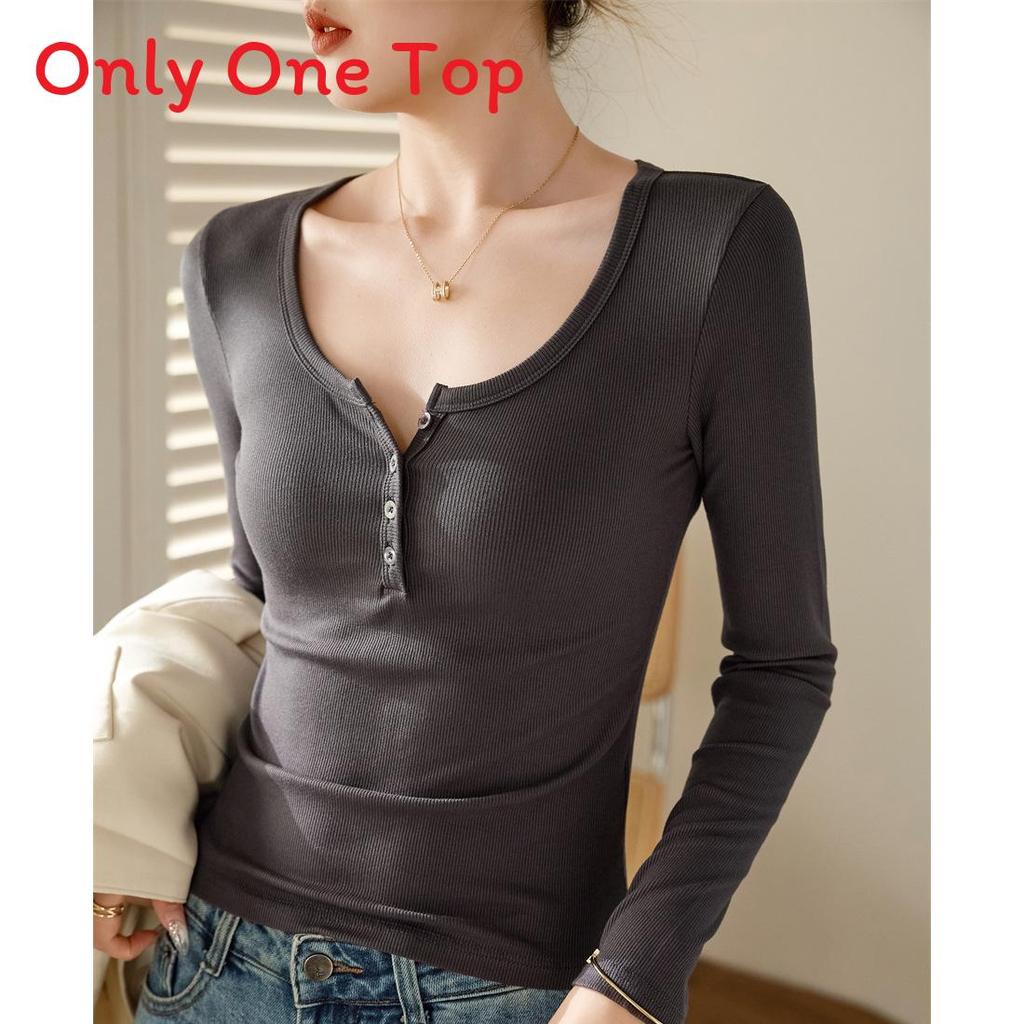 T Shirt Women Long Sleeve Slim Fit Pure Cotton Ribbed Fabric For Autumn Winter Style