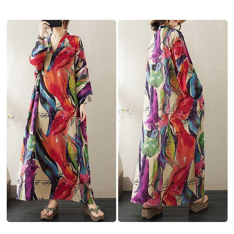 V-neck Loose Plus Size Simple Vacation Style Long Sleeve Women's Beach Dresses