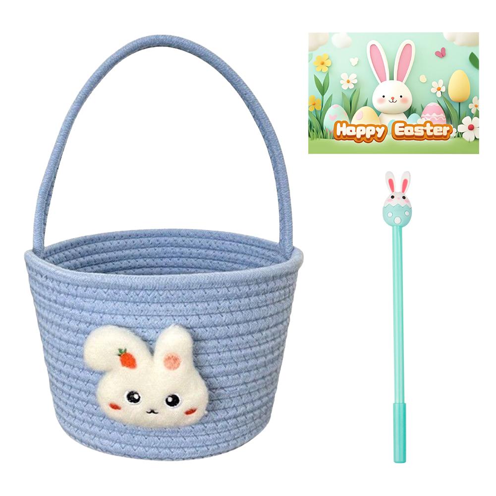 Easter Basket with Handle Bunny Gift Basket Cotton Thread Hand-Woven Basket Easter Gift Storage Basket for Girls Boys