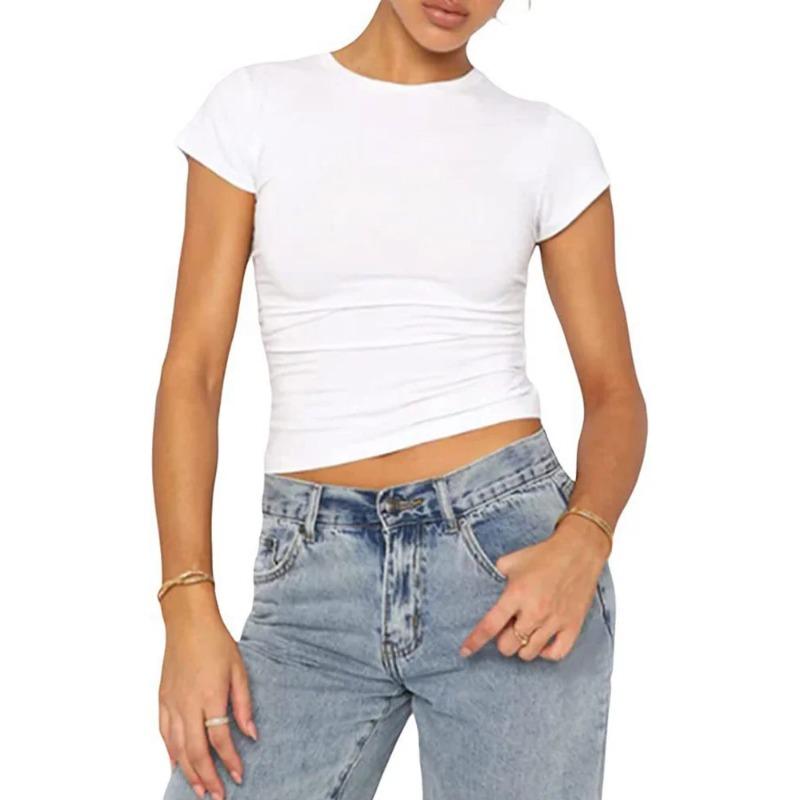 

y2k Одежда укороченные топы Лето 2024 Винтажные футболки Harajuku Однотонная эстетическая одежда Женщины Топы-трубы L белый