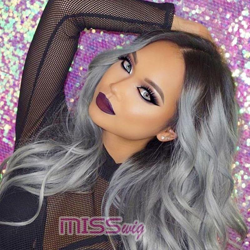 

Мода Длинные Curly Парик Серый Ombre Волосы Парик Природные Волнистые Curly Полный парик для женщин
