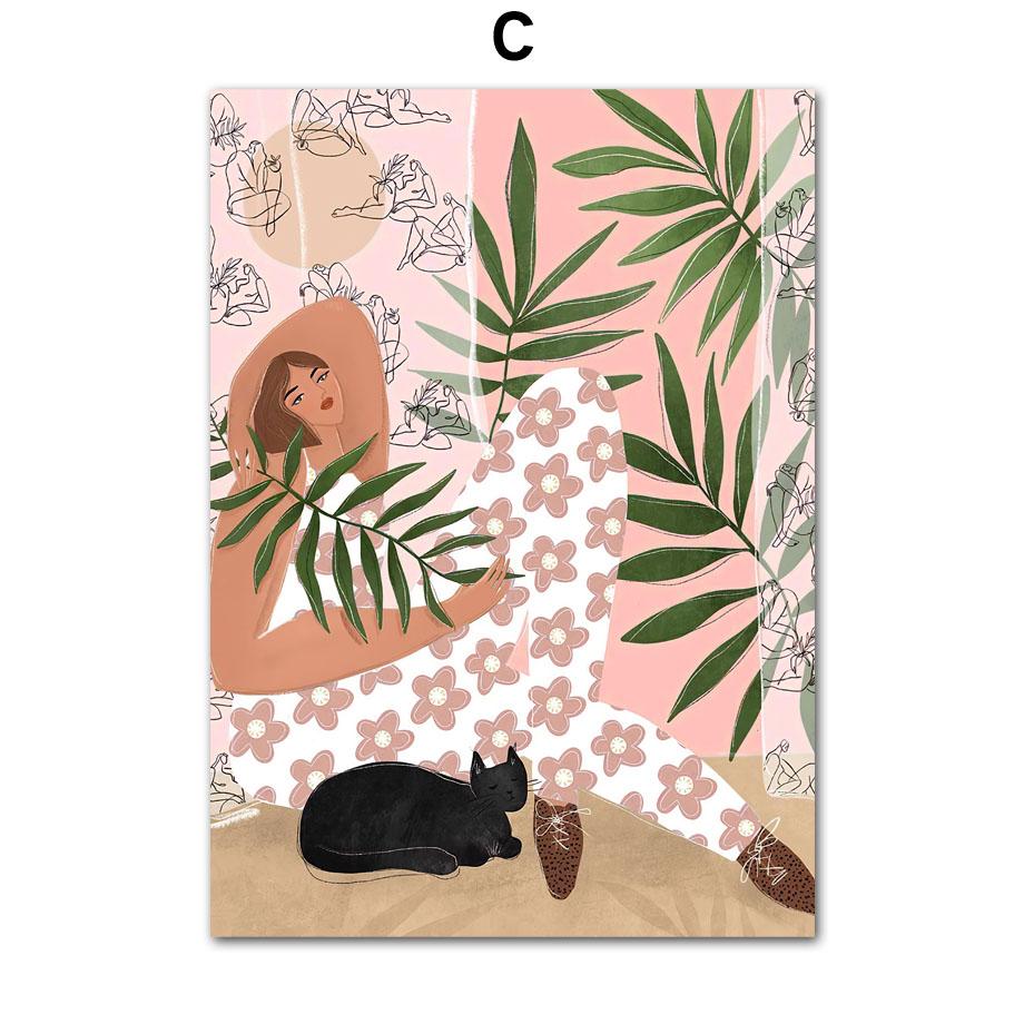 Abstract Boho Fashion Girl Posters Plant Leaves Fruit Flower Minimalist Wall Art Canvas Painting Wall Pictures Living Room Decor