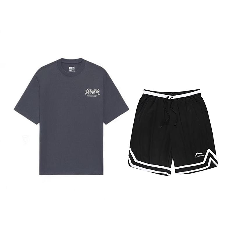 

Li-Ning Anti-Five Series Versatile Loose Short Sleeve T-Shirt Casual Sports Set Unisex Tops YHSV281-2+YAPV001-1 M