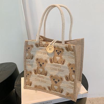 Japanese Bear Pattern Printed Linen Student Tote Bag Small Shoulder Bag Shoulder Bag Shopping Bag MIT