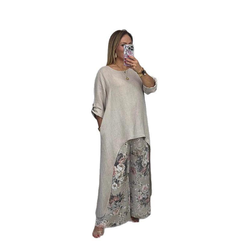 2025 Women's Casual Cotton Linen Irregular Top & Wide-Leg Pants Set for European and American Markets