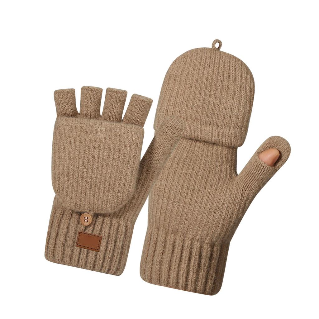 Women Knitted Half Finger Gloves Insulated Windproof Double Layer Fleece Lining Winter Outdoor
