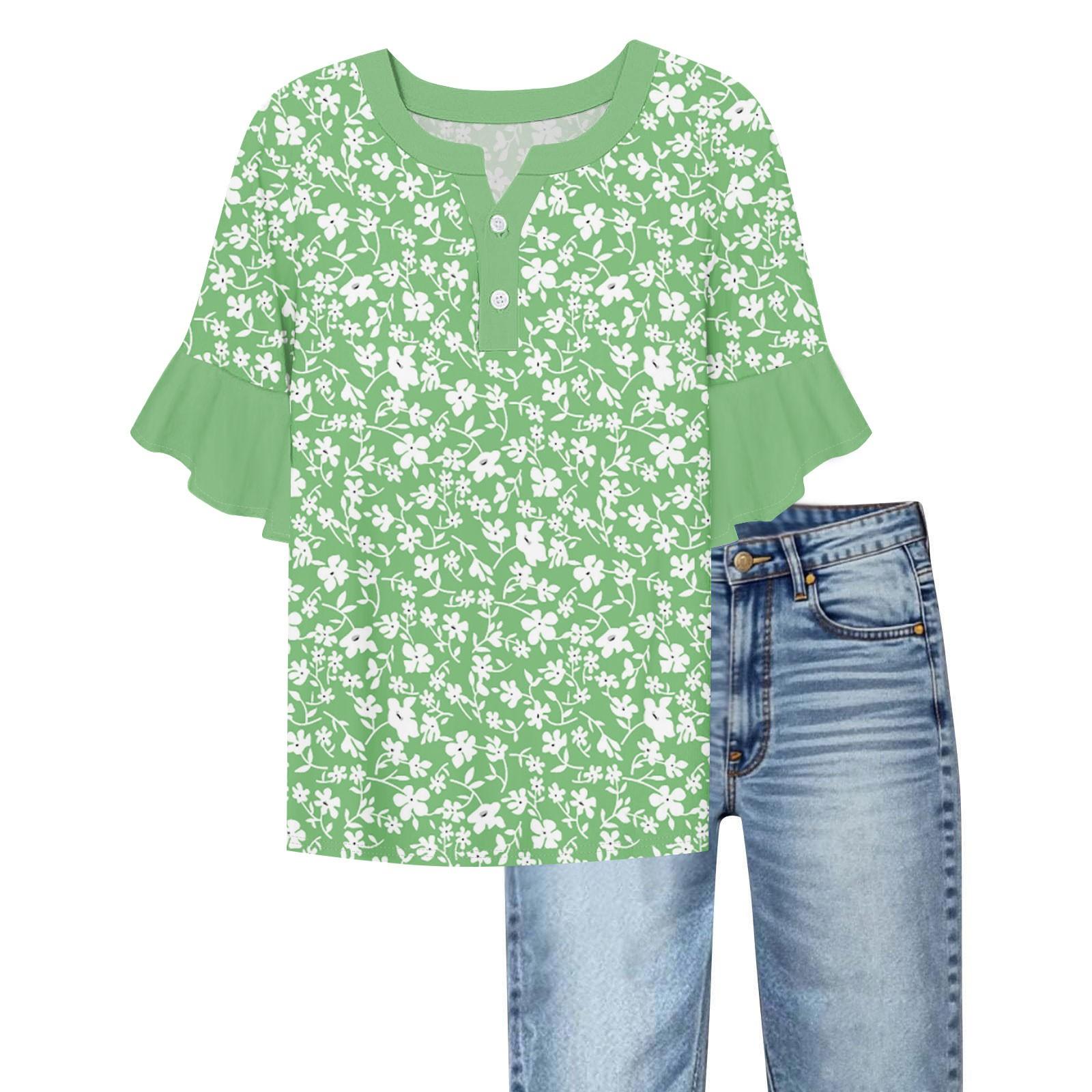 

Women s Casual Fashion V-neck Ruffled Sleeves Loose Versatile Color Short Sleeves XXL зелёный