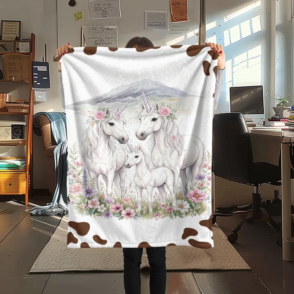 1PC Floral Cow Animals Print FlAannel Blanket, High quality Comfortable for All Seasons, Home Decor, Warmth and Comfort