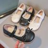 Girls Leather Shoes Black Matte Kids Flat Shoes Round Toes Non-slip 2025 Spring Autumn New Girls Performance Shoes Bows Sweet