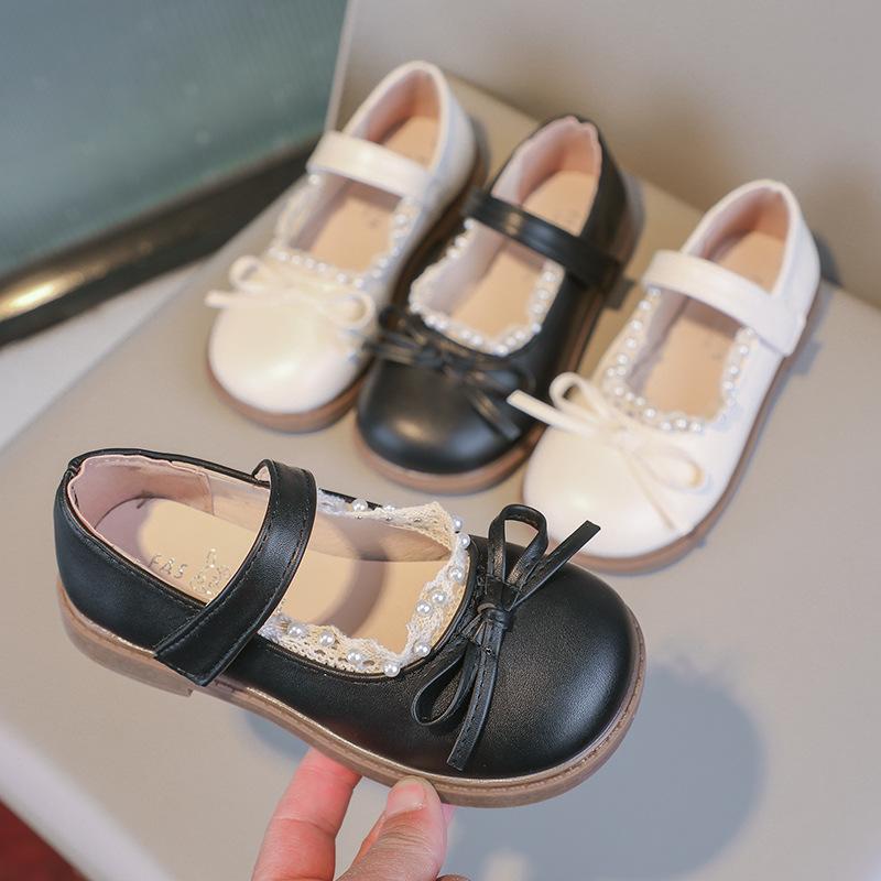 Girls Leather Shoes Black Matte Kids Flat Shoes Round Toes Non-slip 2025 Spring Autumn New Girls Performance Shoes Bows Sweet