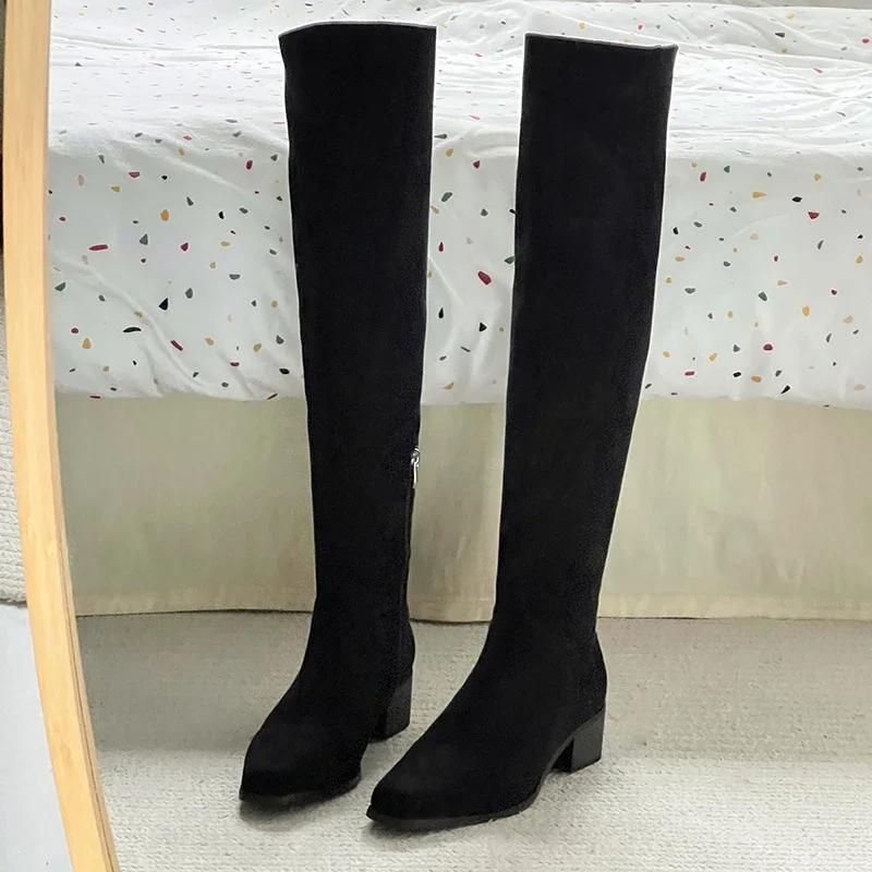 Vintage Stretch Women Knee High Boots Fashion Pleated Long Booties Ladies Casual Low Heel Shoes