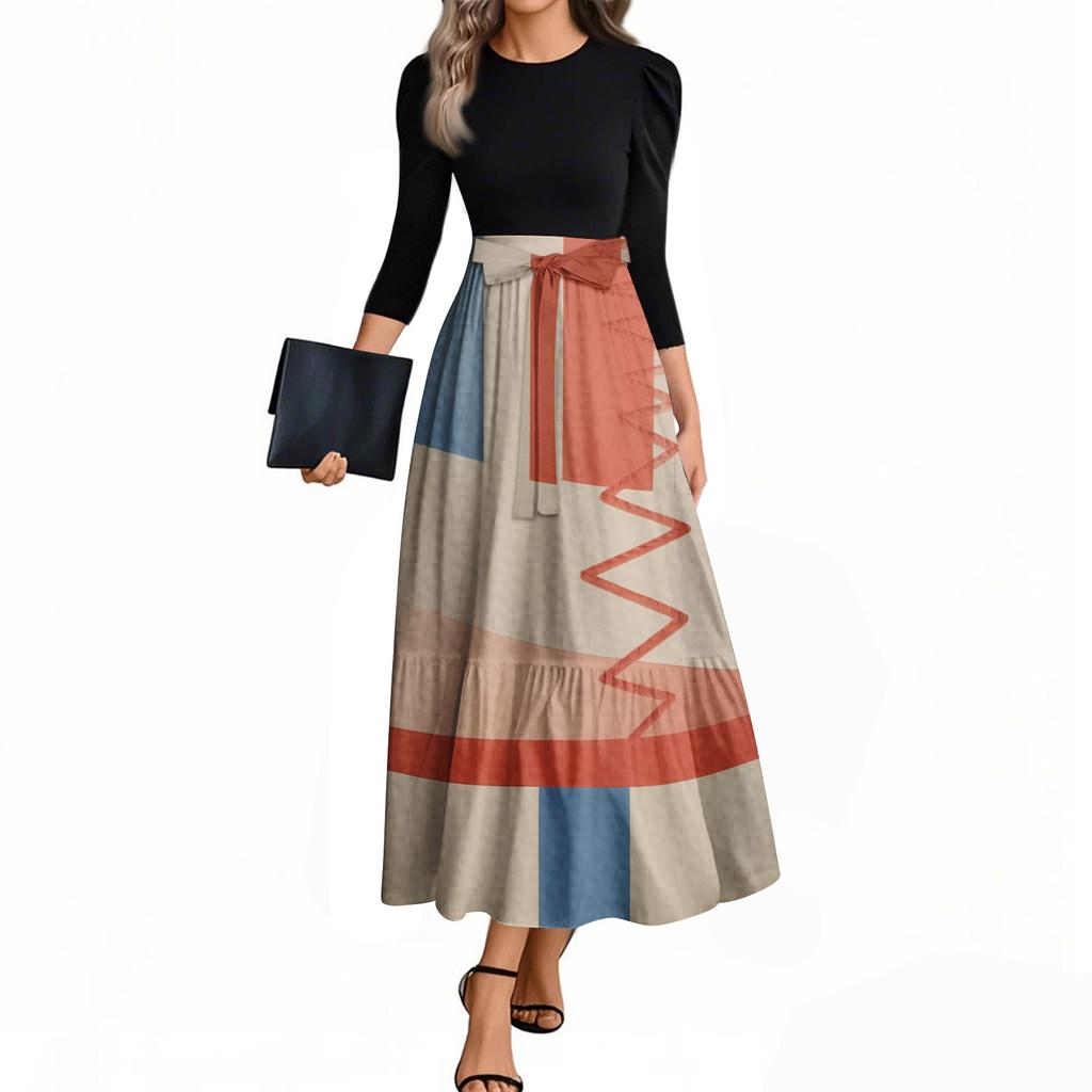 Damskie modne codzienne sukienki z paskiem, z rękawem trzy czwarte, z okrągłym dekoltem, z kwiatowym nadrukiem, eleganckie, z temperamentem