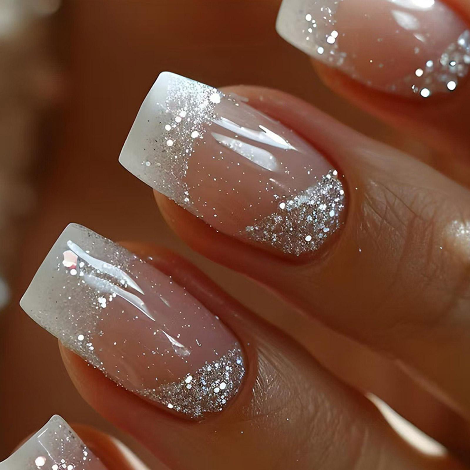 

24x французский типс пресс на ногтях средний квадрат полное покрытие накладные ногти блестящие палочки на ногтях сверкающие искусственные ногти