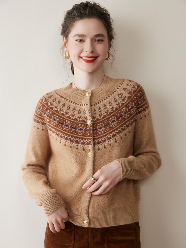 Women's Retro Fair Isle Cashmere Cardigan - Soft Long Sleeve Wool Sweater with Round Neck