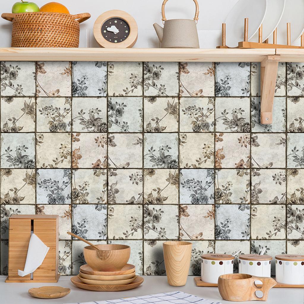16Pcs/Set Retro Flower Tile Stickers Peel and Stick Waterproof PVC Wall Decals Matte Anti-Slip Floor Wallpaper for Living Room Bathroom Decor
