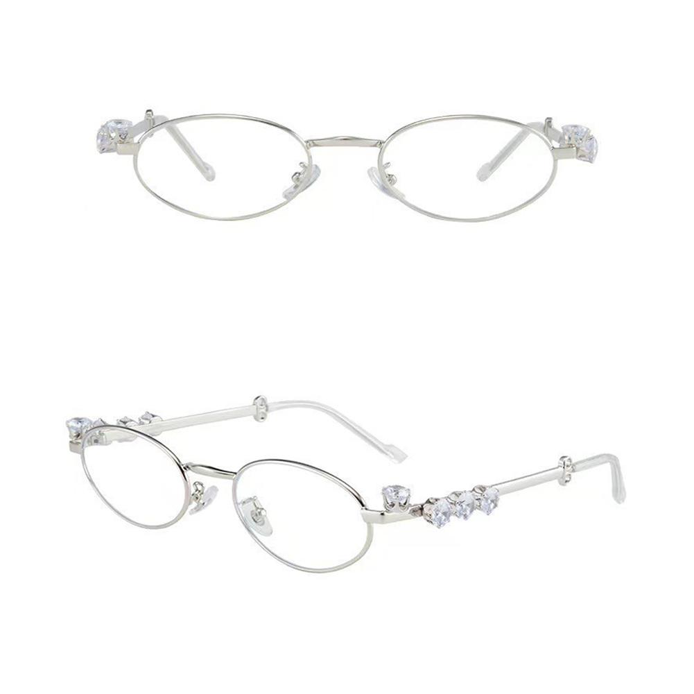 Elegant Metal Frame Oval Glasses with Sparkling Rhinestone Decorated Plano Glasses