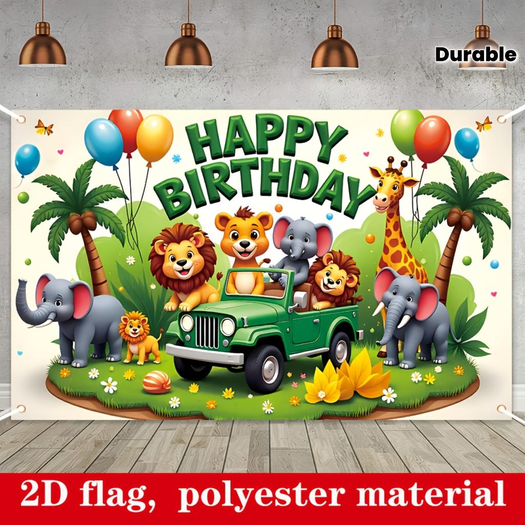 2D Flat 1pc Jungle Happy Birthday Banner - 179.83cm x 109.98cm Durable Polyester Lion Elephant Giraffe Pattern Indoor Outdoor Party Decor