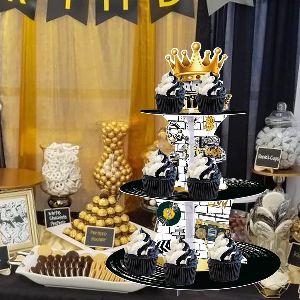 GRULLIN 1PCS 80s 90s Rapper Notorious One 1st Birthday Cupcake Stand Holder, Black Golden Chain Hip Hop Rock The Big One Party Favor Decor Supplies