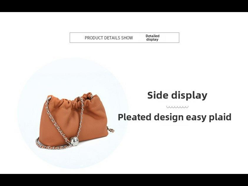 Women's Genuine Leather Cloud Pleated Shoulder Bag with Golden Ball Detail