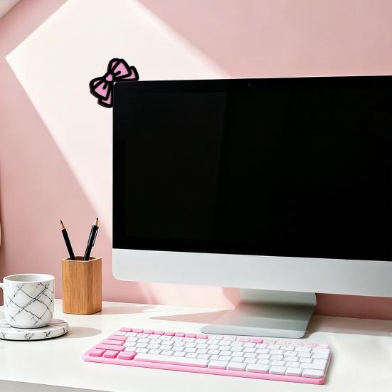 Rosa Schleifen Computer Monitor Dekoration, 2D Holzschleifen Dekorationen für Frauen, Mini Süße Computer Zubehör für Home Office Dekoration
