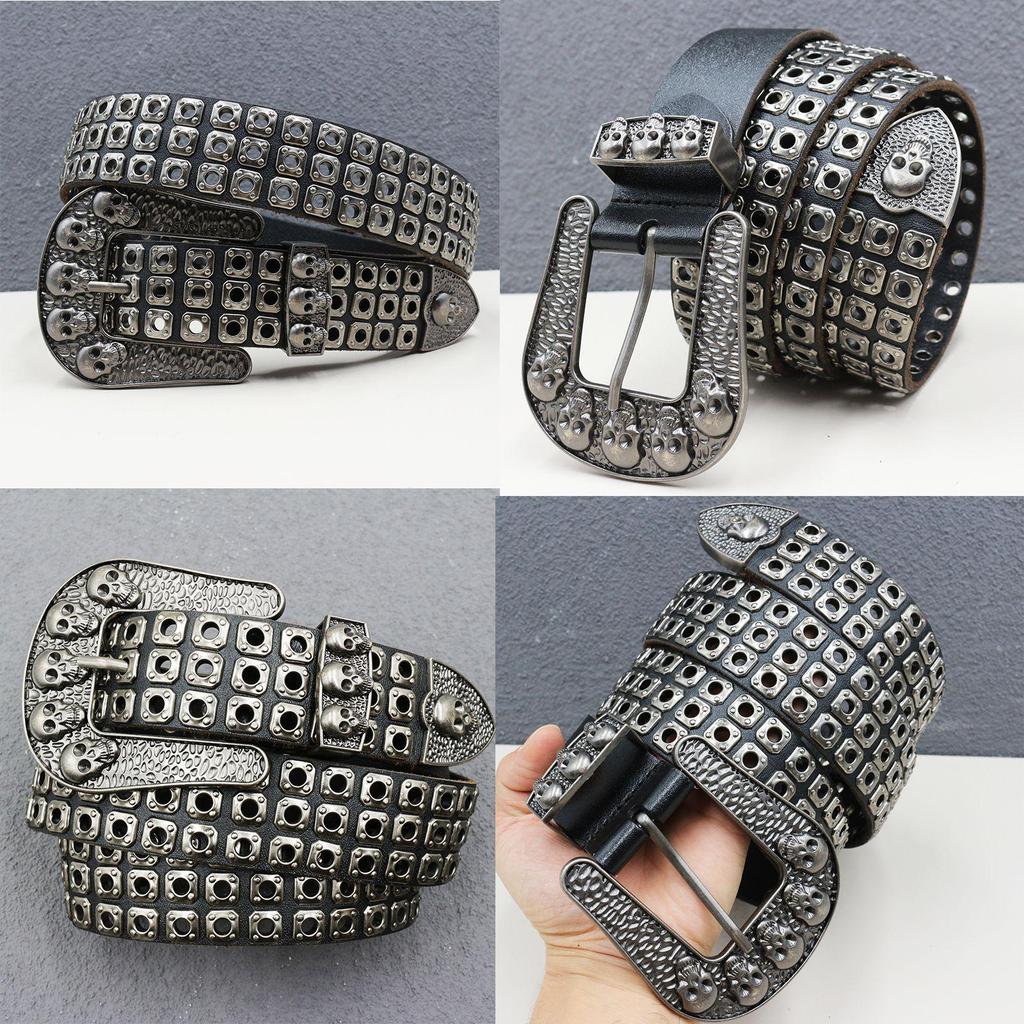 Original American Heavy Duty Leather Belt with Punk Eyelets and Rivets, Three-Pin Buckle, Unisex Cowhide Design