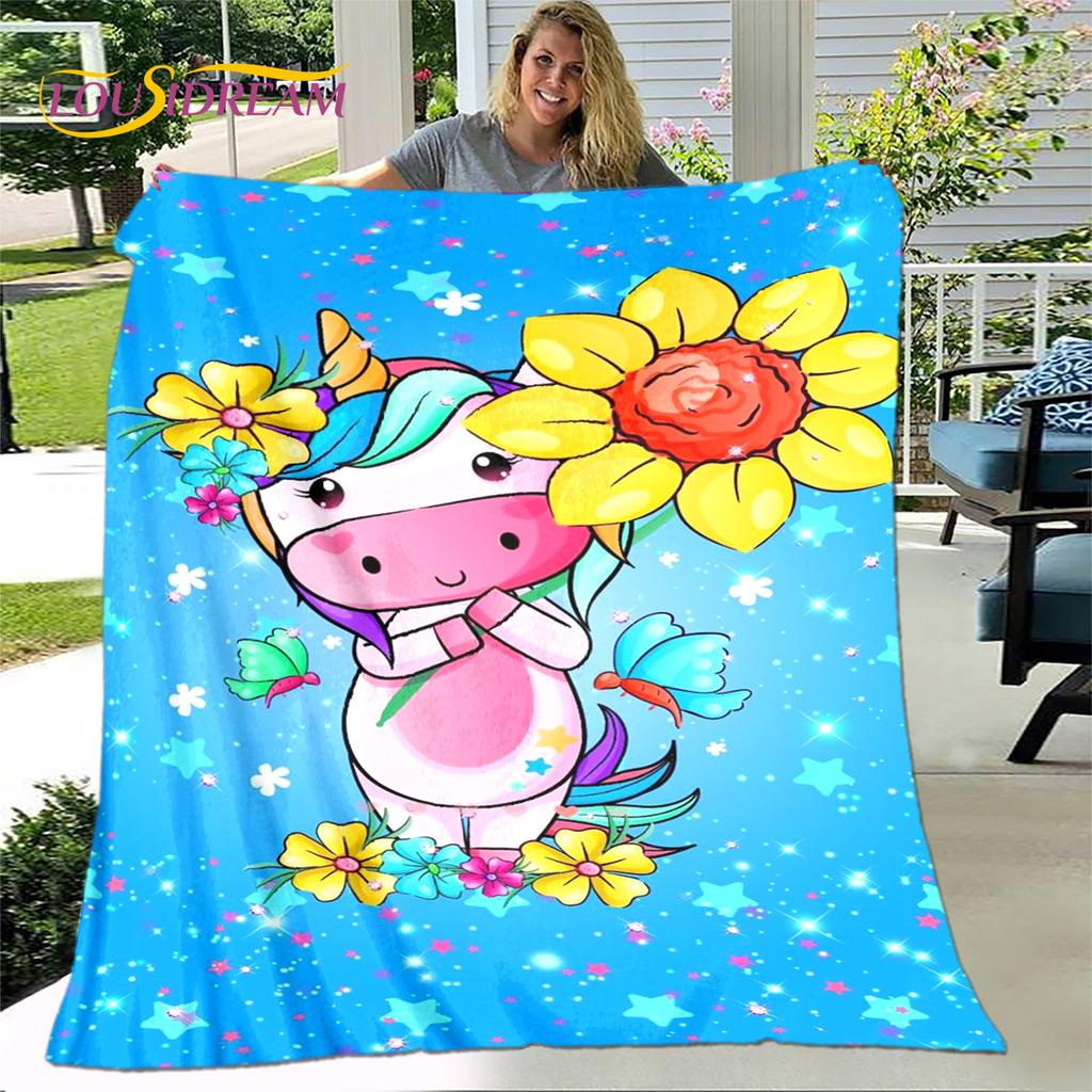 Kreskówkowy Uroczy Koc Jednorożec, Koc Flanelowy Koc Narzuta, Ciepły Koc Dziecięcy do Salonu Sypialni Łóżka Sofa Podróż Prezent