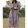 Johnature Woman Spring V-Neck Half Sleeve Casual Vintage Dress Chinese Style Casual Retro Dress