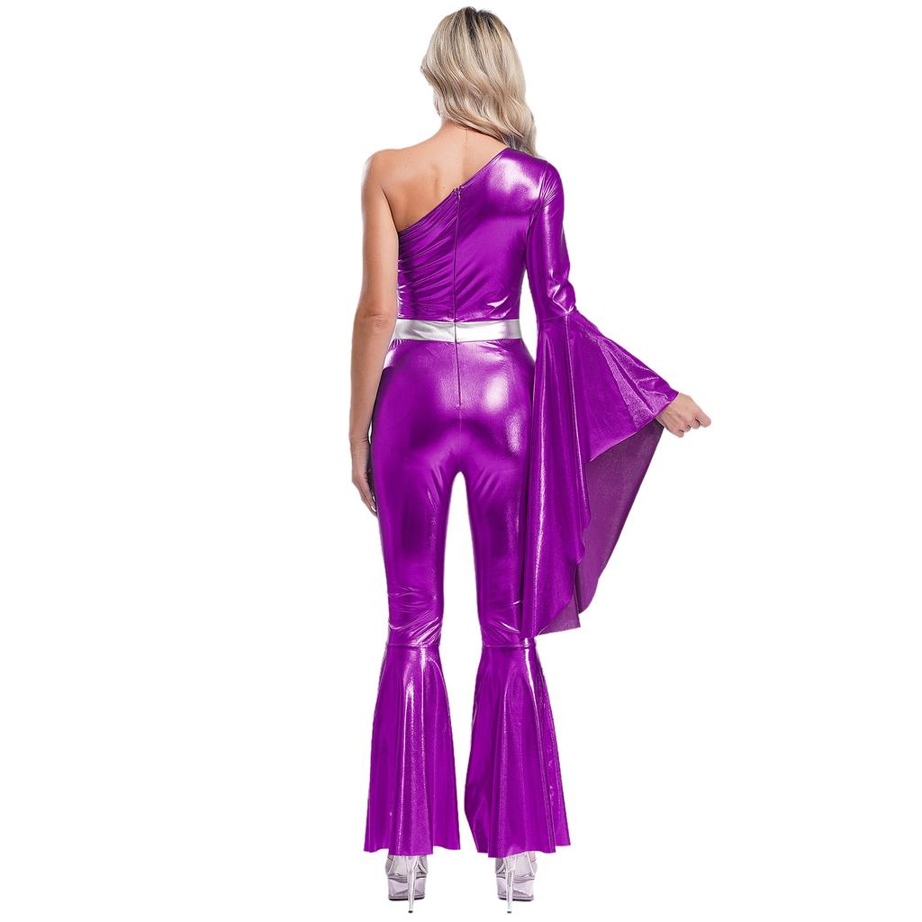 Glänsande Metallisk Rolig Jumpsuit för Kvinnor S-3XL: Enaxlad Enärmad Utsvängd Klocka 70-talsstil Danskläder