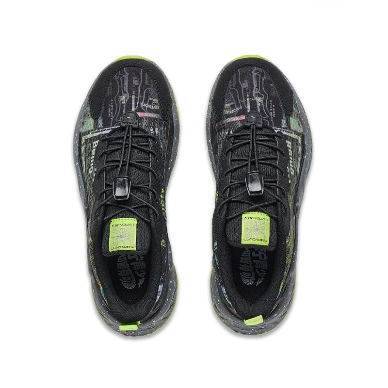 Li Ning Youth  Childrens Glow In The Dark Shock Absorbing Rebound Casual Shoes Kids Shoes Black Green YKCT108-1