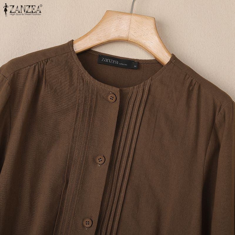 ZANZEA Bluzka damska z okrągłym dekoltem i długim rękawem w jednolitym kolorze