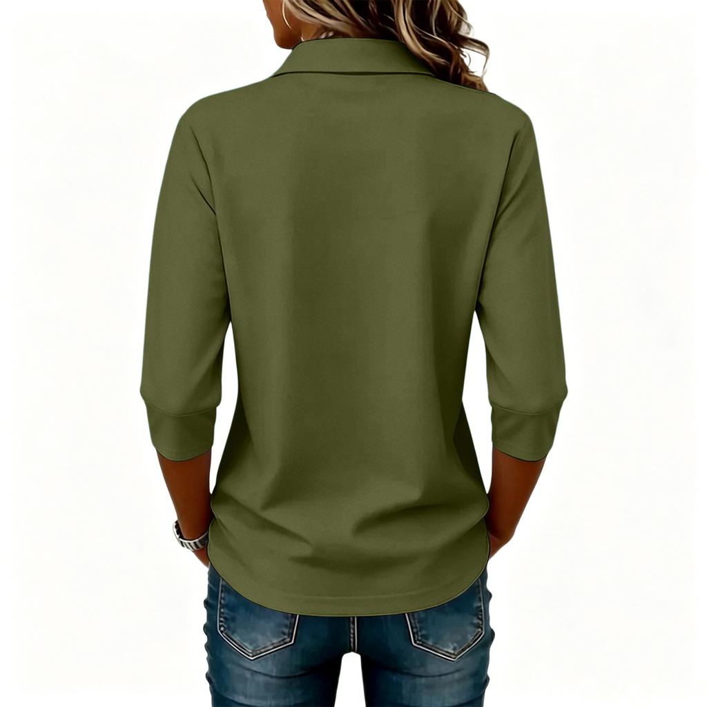 Women's Casual Button Front Polo Shirt Three Quarter Sleeve Solid Color Collared Top Lightweight Comfortable Fit for Everyday Wear