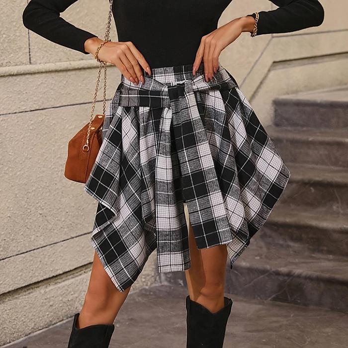 Women Spring Summer High Waist Plaid Printed Irregular A Line Skirt