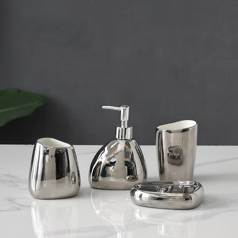 4/5 Piece Set Complete Set Modern Ceramic Silver and Gold Bathroom Accessories Set with Soap Dispenser for Modern Home Decor