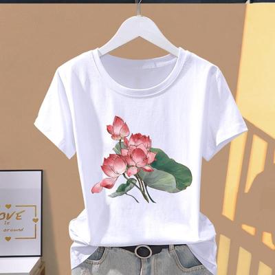 (Asian Size) Flower Style Graphic Tee Casual T Clothing Print Female Casual Women's Top Fashion Short Sleeve T-shirt