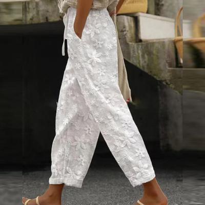 Dames Negende Broek Kant Effen Kleur Trekkoord Elastische Taille Los Zacht Schuine Zakken Enkellengte Middelhoge Taille Pendelstijl Damesbroek