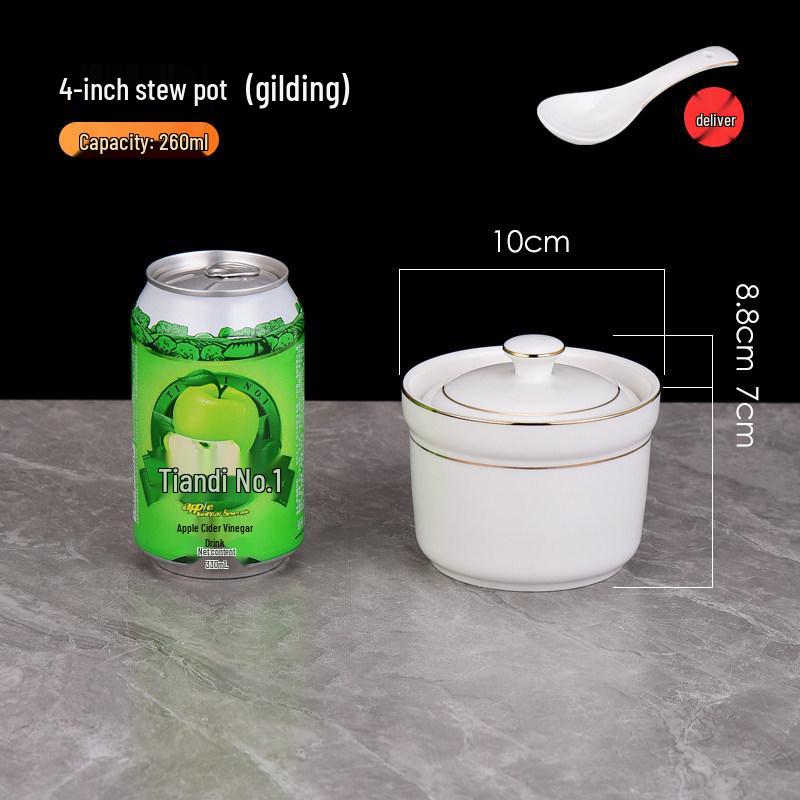 Pure White Ceramic Water-Bath Stew Pot with Gold Rim - Hotel & Commercial Grade, Ideal for Chinese Shaxian, Bird's Nest, and Steam Egg Dishes.