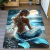 1pc, 2D Flat Mermaid Moonlight Ocean Flannel Area Rug Non Slip Fantasy Carpet For Living Room Bedroom Floor Decor