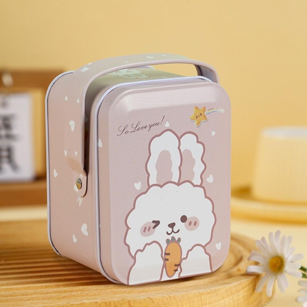 Rabbit Printed Tin Storage Box with Handle Storage Can Portable Tinplate Candy Box  Party