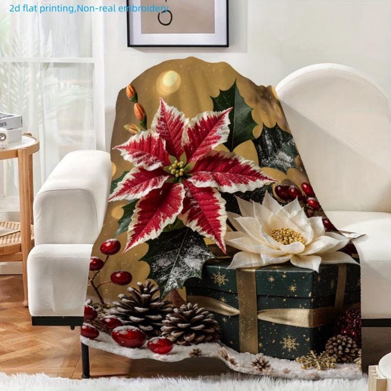 1pc Christmas Holiday Floral Print Blanket, Festive Gift Theme, Multi-Size Available, Suitable for Living Room, Bedroom, Study, Office, Outdoor Gather