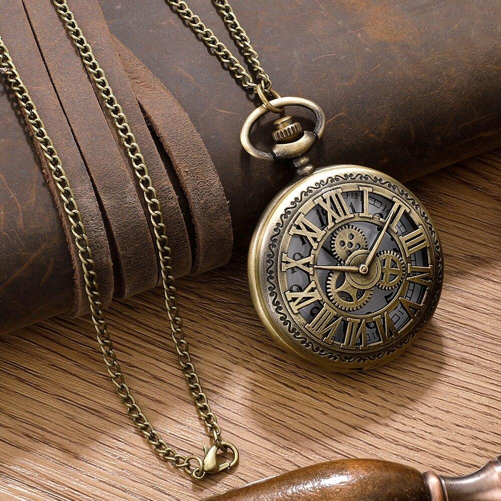 New Antique Steampunk Vintage Roman Numerals Quartz Pocket Watch Bronze Case Necklace Pendant Clock Chain Mens Women