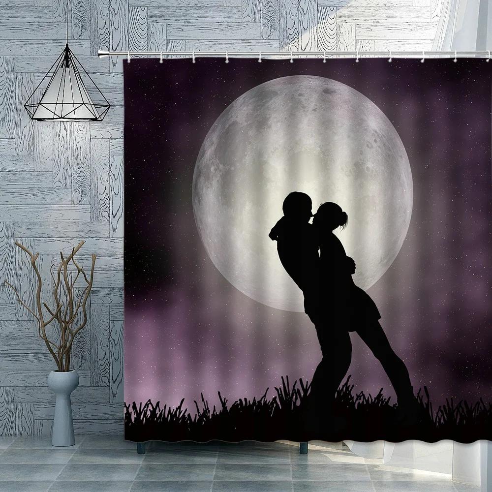 Romantic Lover Shower Curtains Moon Couple Waterproof Polyester Fabric Bathroom Curtain 3D Valentine's Day Decoration