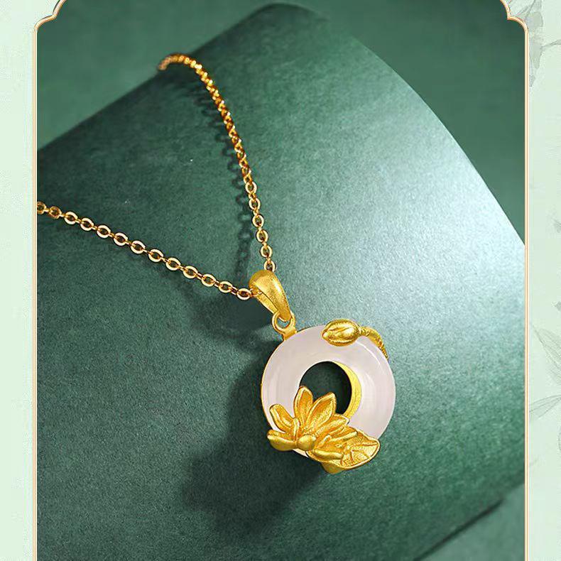 Chinese-Style White Agate Lotus Pendant Necklace - Elegant Gift for Women