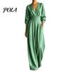 Lightweight Polyester Jumpsuit Women's Long Sleeve Jumpsuit, Deep V Neck Loose Wide Leg Comfortable Women Rompers, High Waist Summer Casual One Piece