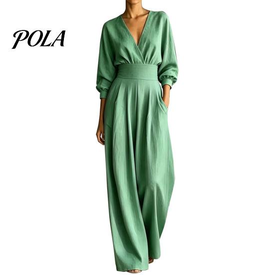 Lightweight Polyester Jumpsuit Women's Long Sleeve Jumpsuit, Deep V Neck Loose Wide Leg Comfortable Women Rompers, High Waist Summer Casual One Piece