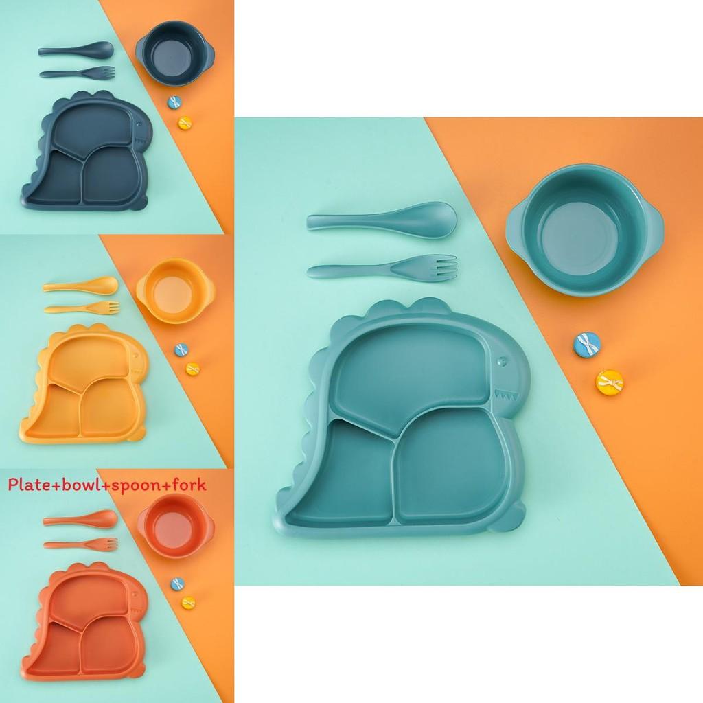 Cartoon Dinosaur Three Compartments Dinner Plate Spoon Fork Bowl Cutlery Set For Kids