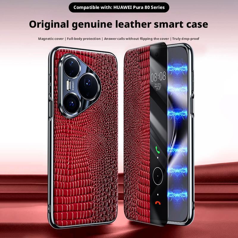 Premium Genuine Leather Crocodile Case For Huawei Pura 80 Ultra/ 80 Pro/80 Pro Plus/80 Magnetic Smart Window Anti-drop Cover