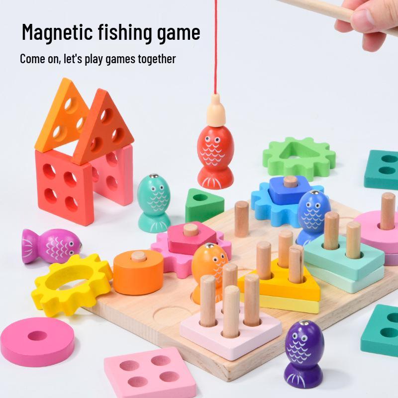 Wooden Geometric Shape Matching Board: Educational Toy for Toddlers with Magnetic Fishing, Stacking Rings, and Gears