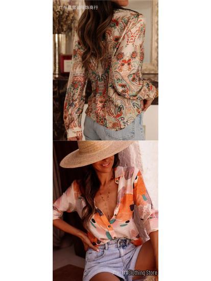 European Summer Casual Women's Long Sleeve Printed Lapel Shirt