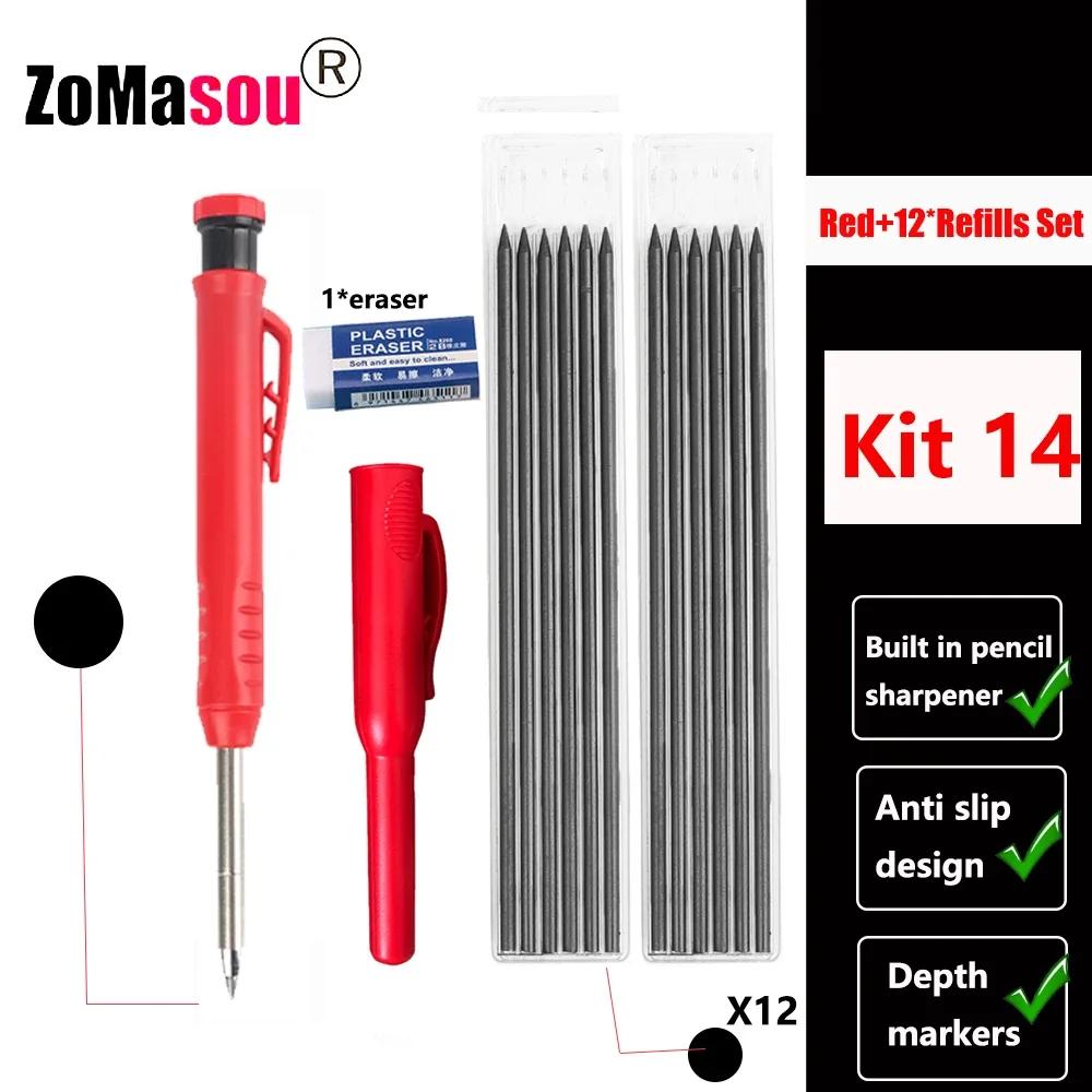 Reuseable Long Head Deep Hole Markers Pen Pencils Solid Carpenter Refill Leads Built-in Sharpener Woodwork Construction Tools